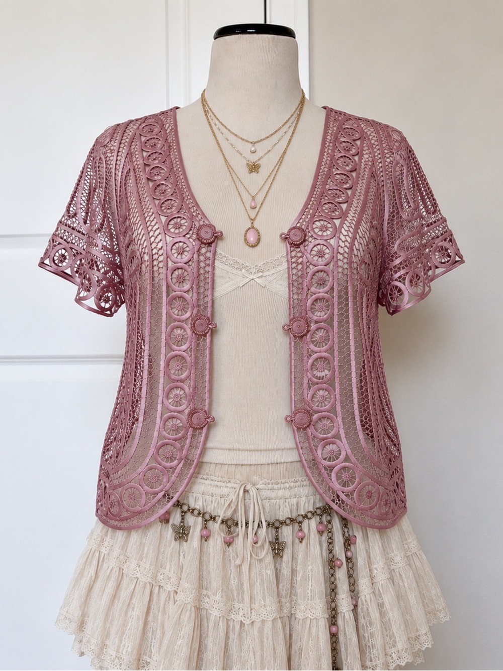 Soulmates 100% Silk Lace Overlay Short Sleeve Cardigan Dusty Rose Women Size XL